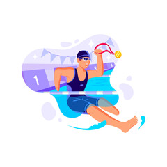 Athlete Celebrates Victory Holding Gold Medal Above Head in a Swimming Competition with Banners and Lane Marker