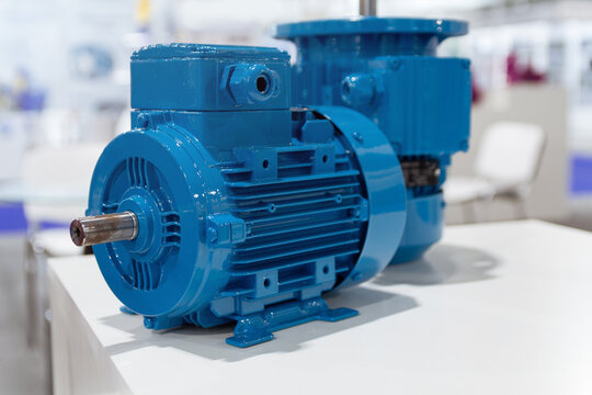 Close up new electric 3 phase induction motor on the exhibition stand
