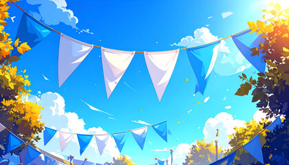 Vibrant Blue Sky with Festive Bunting and Autumn Foliage.