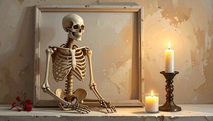 Skeleton with candles and a blank frame, Halloween theme.