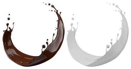 Milk and chocolate splash. Milkshake and melted brown choco isolated on white background. 3d render.