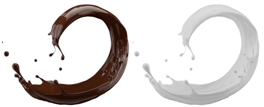 Milk and chocolate splash. Milkshake and melted brown choco isolated on white background. 3d render.