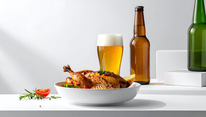 Delicious roasted chicken with beer and side dishes, perfect meal.