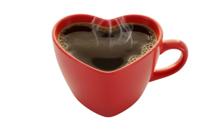 Isolated Red Heart Shaped Mug Filled With Hot Coffee Steam Rising