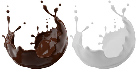 Milk and chocolate splash. Milkshake and melted brown choco isolated on white background. 3d render.