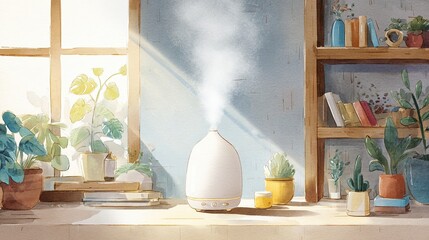 A cozy indoor scene featuring a diffuser emitting steam, surrounded by plants and books, creating a relaxing atmosphere.