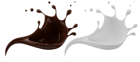Milk and chocolate splash. Milkshake and melted brown choco isolated on white background. 3d render.
