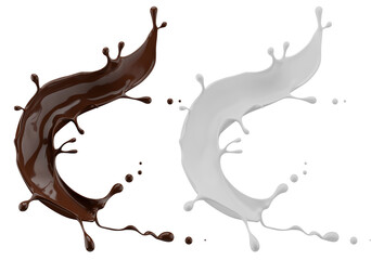 Milk and chocolate splash. Milkshake and melted brown choco isolated on white background. 3d render.