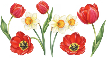 Isolated Red Tulips and Daffodils Watercolor Illustration
