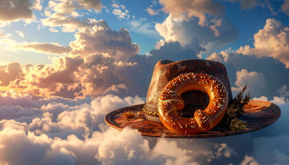 Hat and Pretzel Floating in a Dreamy Sky.