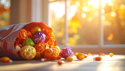 Autumn Harvest Candy Corn and Pumpkins Spill from Bag by Window.