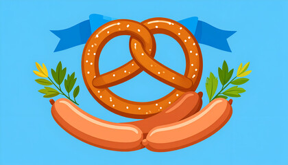 Oktoberfest Celebration - Pretzel, Sausages, and Bavarian Banner Illustration.