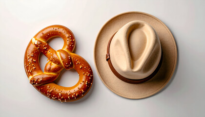 A Delicious Pretzel and a Stylish Hat on a White Background.