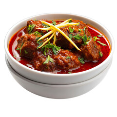 Fototapeta premium Transparent Png of Spicy Indian Lamb Curry, Rogan Josh Style, Rich Red Sauce, Garnished with Fresh Herbs and Ginger, Served in a Clean White Ceramic Bowl