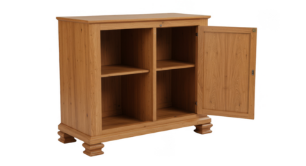 Isolated wooden cabinet with open door and shelves light brown