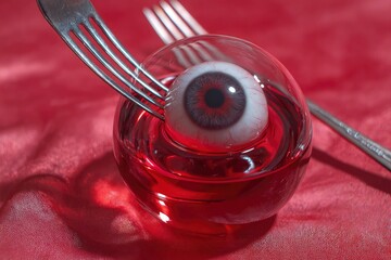 A strikingly macabre still life captures a detailed, realistic eyeball submerged in vibrant red liquid within a clear glass bowl. A silver fork is dramatically poised, suggesting an unsettling interac
