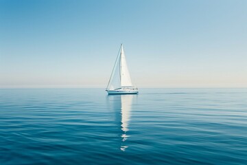 Obraz premium Single white yacht sailing on calm flat ocean, minimal clear blue background, simple travel design.