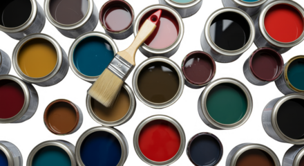 Photo Assortment Of Paint Cans And Brush Isolated On Black