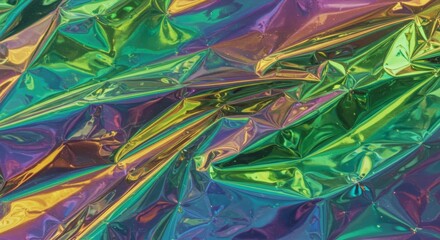 A close-up of crinkled iridescent foil displaying a vibrant mix of green, blue, purple, and gold hues. The reflective surface creates a shimmering holographic effect as light catches its folds