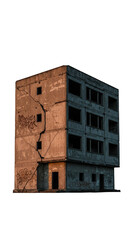 Photo of a dilapidated concrete apartment building with broken windows
