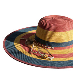 Photo of a colorful striped sun hat with sunglasses on black background
