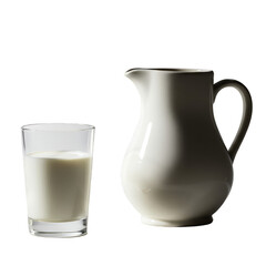 Photo of a white ceramic pitcher and glass of milk isolated