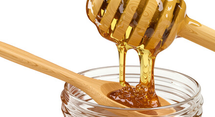 Photo of dripping honey in jar with wooden dipper