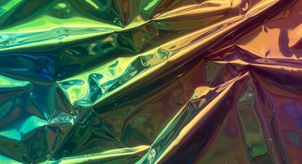 A close-up of crinkled iridescent foil displaying a vibrant mix of green, blue, purple, and gold hues. The reflective surface creates a shimmering holographic effect as light catches its folds