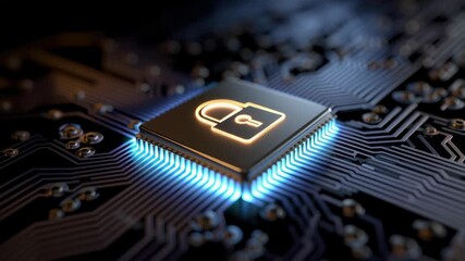 Secure microchip with glowing lock padlock icon circuit board conveying cybersecurity data protection technology glowing circuit protection energy - Powered by Adobe