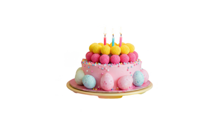 Pink Birthday Cake With Candles And Easter Eggs Isolated