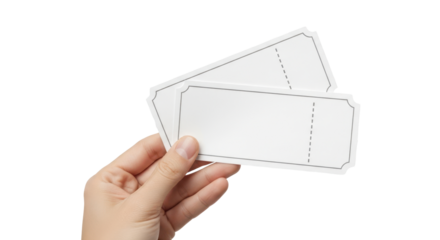 hand holding two blank white paper tickets or coupons for mockup. Isolated on transparent background, png
