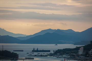 View of the harbor with many islands and ships at sunset, Yeosu, South Korea