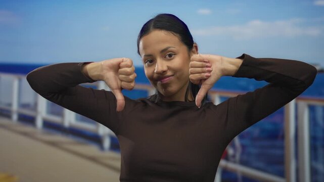 Young woman on cruise boat outdoors showing double thumbs down against seaside background on a sunny day