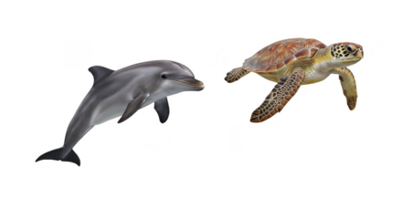 Realistic Dolphin And Sea Turtle Isolated Image