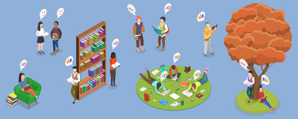 3D Isometric Flat Vector Illustration of Reading Characters, Collection Of Students Engaged In Reading Books