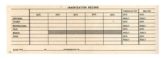 Vintage 1950s Blank Immunization Record Card - Medical Vaccination Form - Authentic Real Ephemera - Isolated on White.