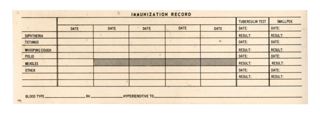 Vintage 1950s Blank Immunization Record Card  - Medical Vaccination Form - Authentic Real Ephemera - Isolated on White.