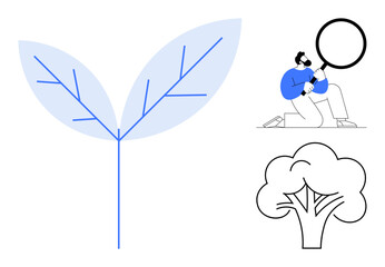 Minimalist leaf with visible veins, person inspecting with magnifying glass, tree outline. Ideal for ecology, biology, research, education, growth environment sustainability. Simple flat metaphor