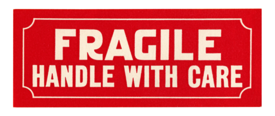 Vintage 1950s Red Fragile Handle With Care Package Mailing Label Sticker - Authentic Real Ephemera - Isolated on White