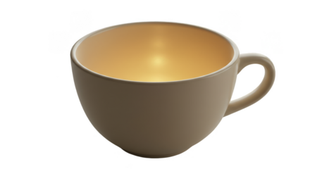 Realistic isolated beige ceramic coffee cup with warm glowing light inside