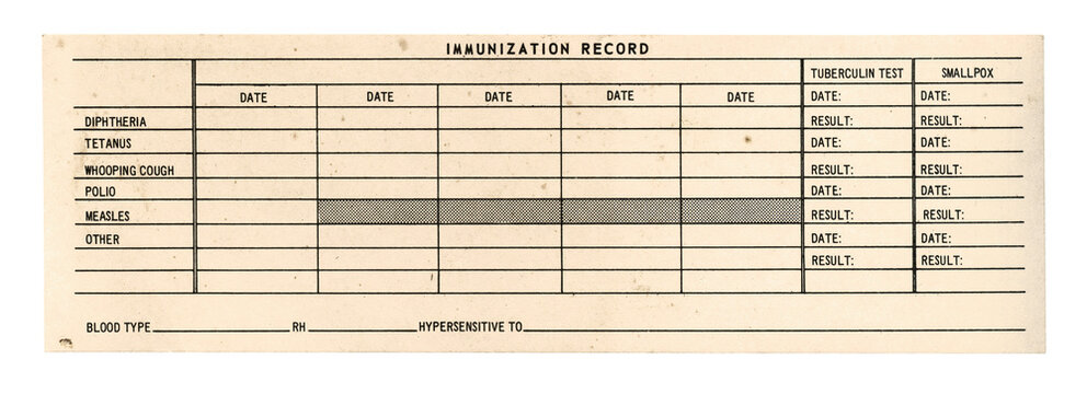 Vintage 1950s Blank Immunization Record Card  - Medical Vaccination Form - Authentic Real Ephemera - Isolated on White.