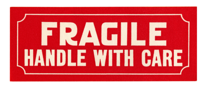 Vintage 1950s Red Fragile Handle With Care Package Mailing Label Sticker - Authentic Real Ephemera - Isolated on White