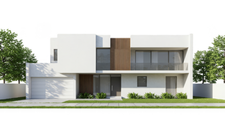 Realistic modern white house exterior with garage and trees isolated