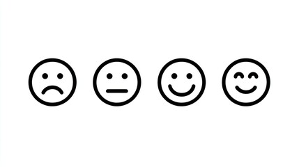 Emotions in line: A row of minimalist emoticons expresses a spectrum of human emotions, from sorrow to joy, in clean, simple line drawings.