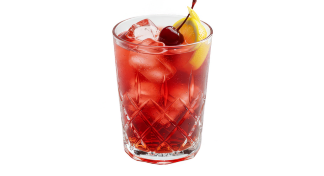 Realistic Red Cocktail with Ice and Cherry on Black Background