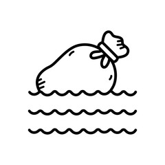 Black Outline Drawing Of A Tied Sack Floating On Wavy Water With A Transparent Background