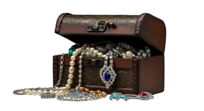 Realistic Treasure Chest Overflowing With Pearls and Jewels Isolated