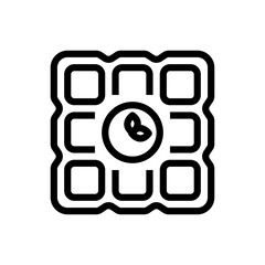 Black and White Outline Icon of a Square Waffle With A Small Leaf Emblem At The Center On A Transparent Background