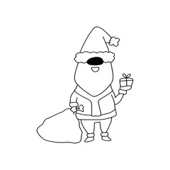 Black and White Outline Drawing of a Cheerful Santa Claus Character Holding a Gift and a Sleigh Bag Standing Against a Transparent Background