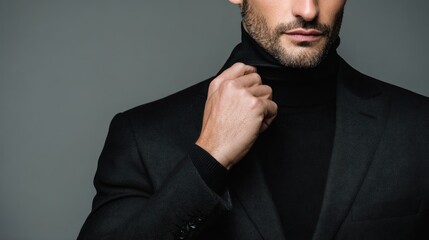 Fototapeta premium Refined Elegance: A Man's sophisticated style with a black turtleneck and coat, a modern aesthetic of a confident and composed appearance.